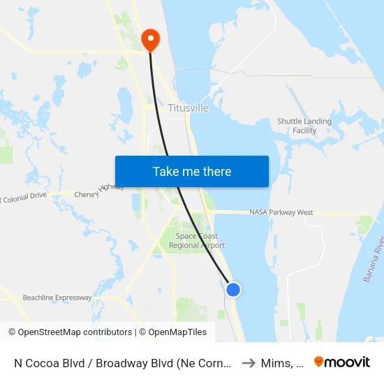 N Cocoa Blvd / Broadway Blvd (Ne Corner) to Mims, FL map