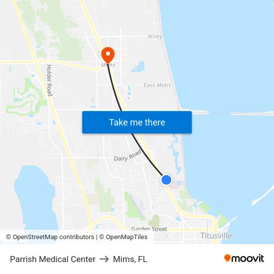Parrish Medical Center to Mims, FL map