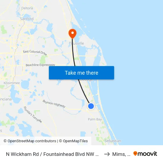 N Wickham Rd / Fountainhead Blvd NW Corner to Mims, FL map