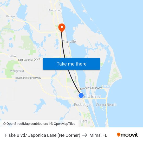 Fiske Blvd/ Japonica Lane (Ne Corner) to Mims, FL map