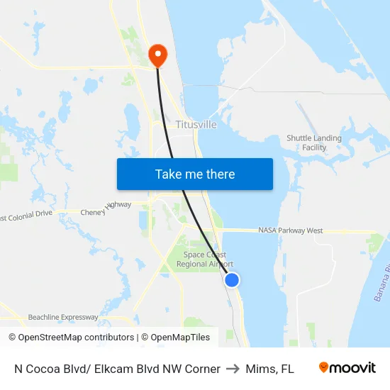 N Cocoa Blvd/ Elkcam Blvd NW Corner to Mims, FL map