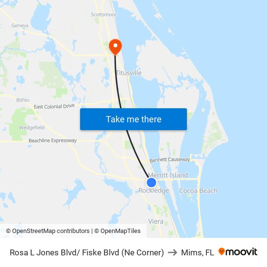 Rosa L Jones Blvd/ Fiske Blvd (Ne Corner) to Mims, FL map