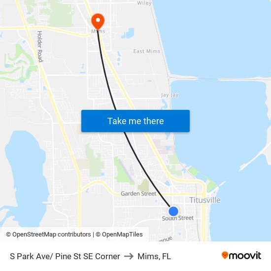 S Park Ave/ Pine St SE Corner to Mims, FL map