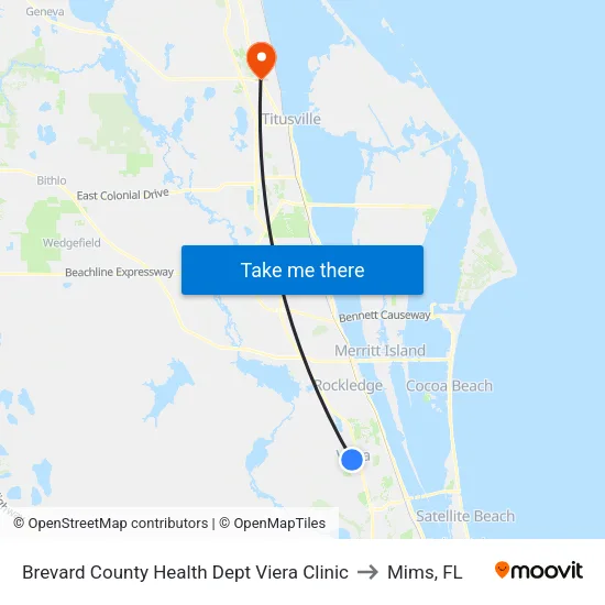 Brevard County Health Dept Viera Clinic to Mims, FL map