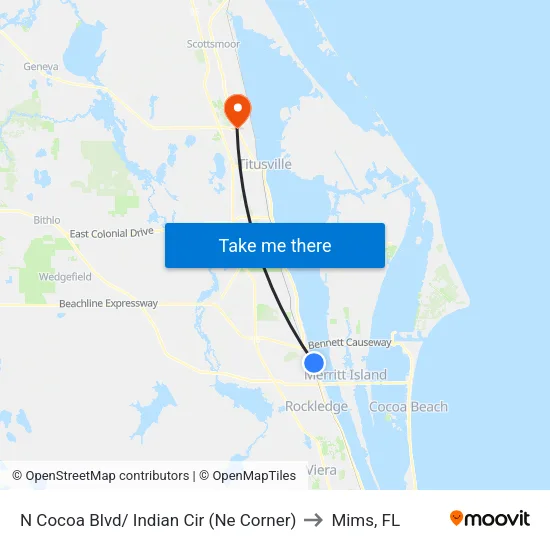 N Cocoa Blvd/ Indian Cir (Ne Corner) to Mims, FL map