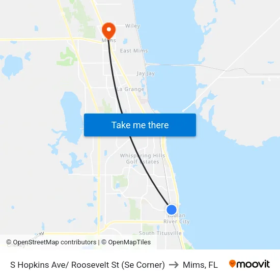 S Hopkins Ave/ Roosevelt St (Se Corner) to Mims, FL map