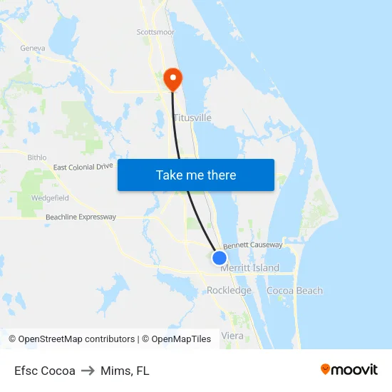 Efsc Cocoa to Mims, FL map