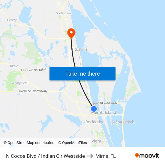 N Cocoa Blvd / Indian Cir Westside to Mims, FL map