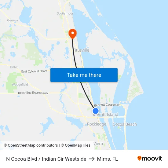 N Cocoa Blvd / Indian Cir Westside to Mims, FL map