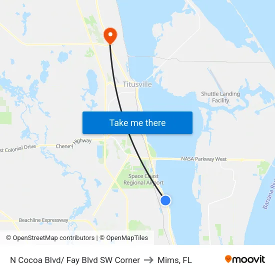 N Cocoa Blvd/ Fay Blvd SW Corner to Mims, FL map