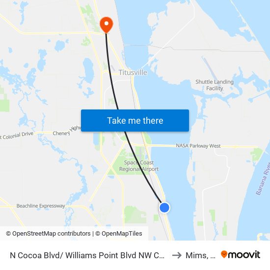 N Cocoa Blvd/ Williams Point Blvd NW Corner to Mims, FL map