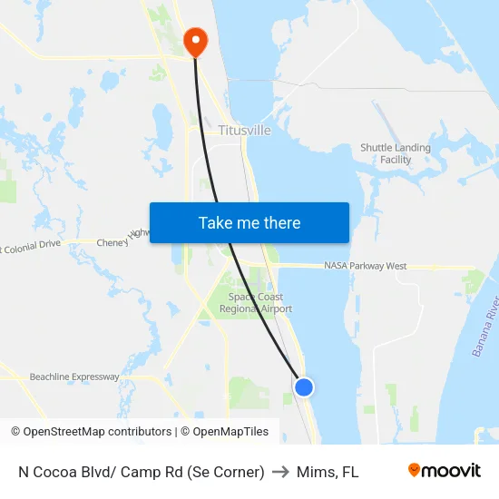 N Cocoa Blvd/ Camp Rd (Se Corner) to Mims, FL map