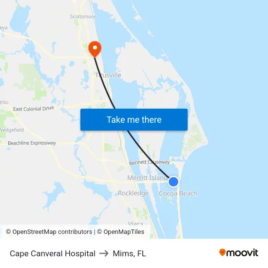 Cape Canveral Hospital to Mims, FL map