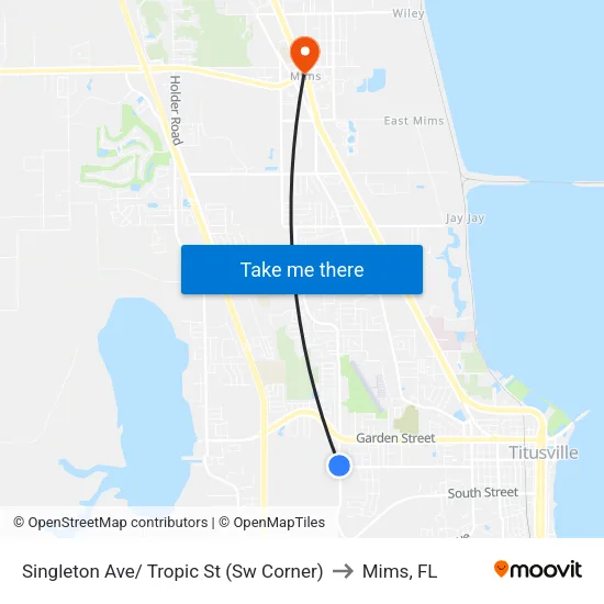 Singleton Ave/ Tropic St (Sw Corner) to Mims, FL map