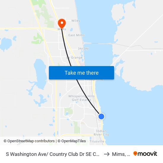 S Washington Ave/ Country Club Dr SE Corner to Mims, FL map