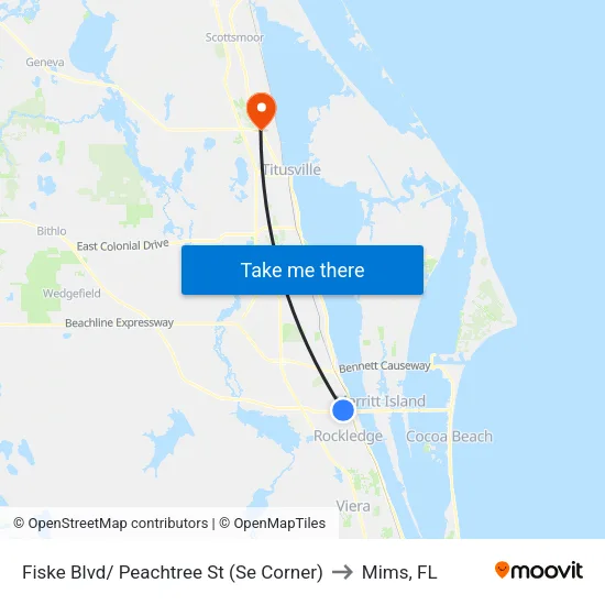 Fiske Blvd/ Peachtree St (Se Corner) to Mims, FL map