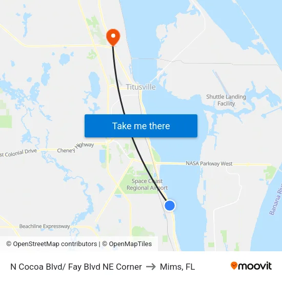 N Cocoa Blvd/ Fay Blvd NE Corner to Mims, FL map