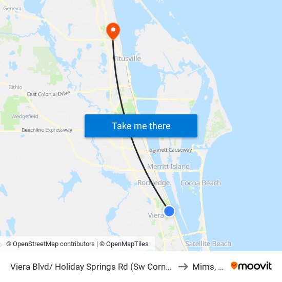 Viera Blvd/ Holiday Springs Rd (Sw Corner) to Mims, FL map