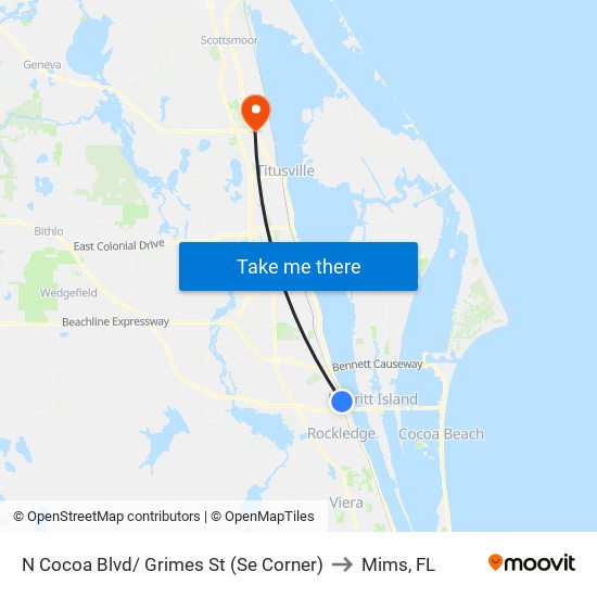 N Cocoa Blvd/ Grimes St (Se Corner) to Mims, FL map