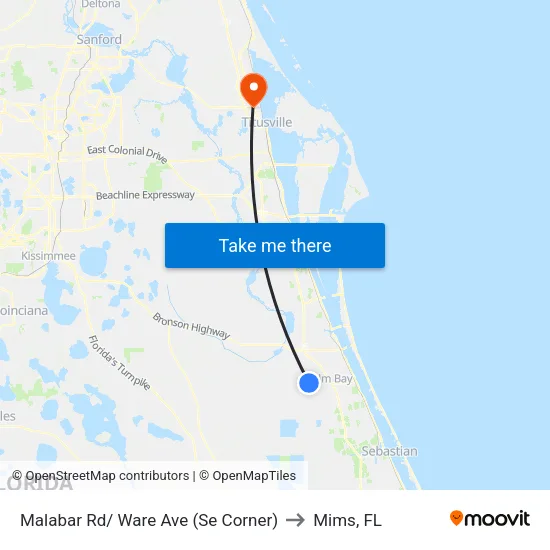 Malabar Rd/ Ware Ave (Se Corner) to Mims, FL map