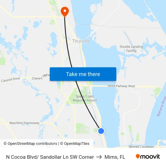 N Cocoa Blvd/ Sandollar Ln SW Corner to Mims, FL map