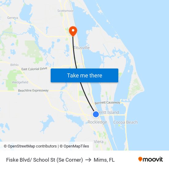 Fiske Blvd/ School St (Se Corner) to Mims, FL map