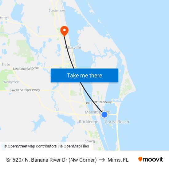 Sr 520/ N. Banana River Dr (Nw Corner) to Mims, FL map