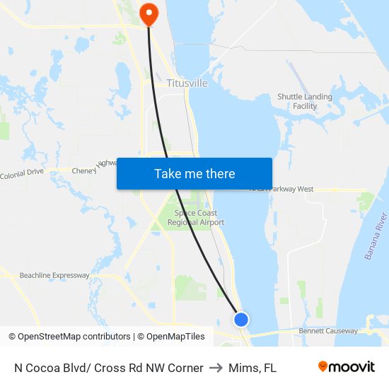 N Cocoa Blvd/ Cross Rd NW Corner to Mims, FL map