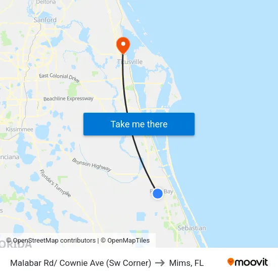 Malabar Rd/ Cownie Ave (Sw Corner) to Mims, FL map