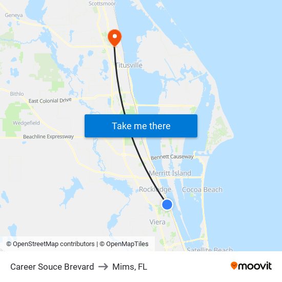 Career Souce Brevard to Mims, FL map