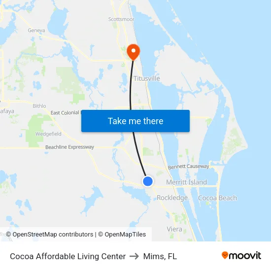 Cocoa Affordable Living Center to Mims, FL map