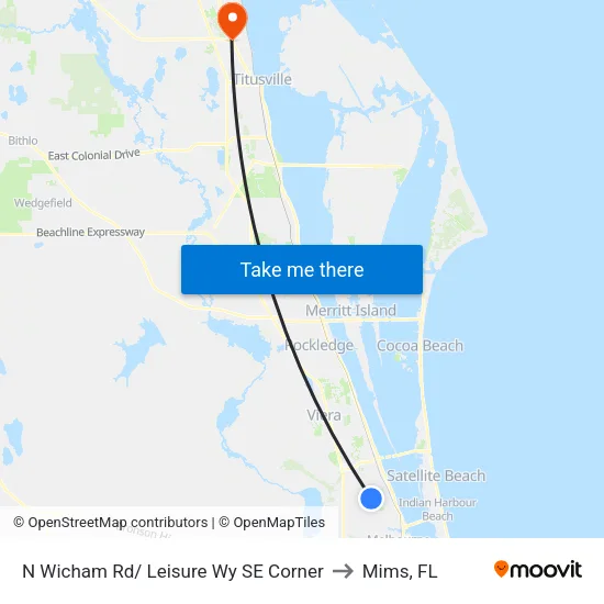 N Wicham Rd/ Leisure Wy SE Corner to Mims, FL map