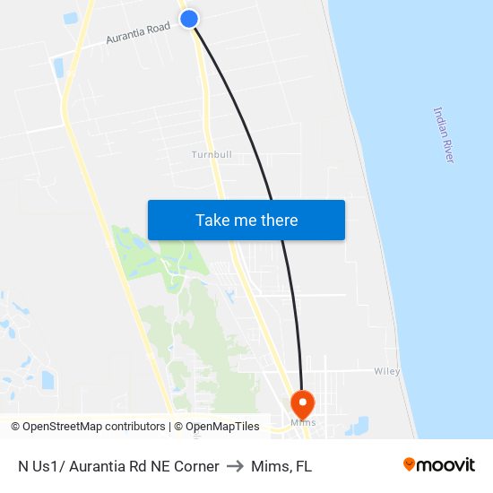 N Us1/ Aurantia Rd NE Corner to Mims, FL map