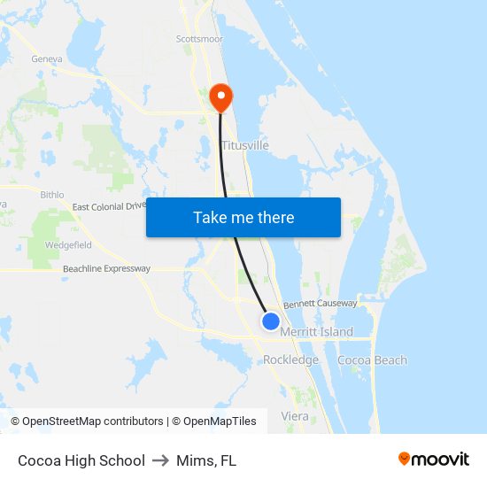 Cocoa High School to Mims, FL map