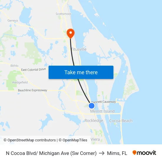 N Cocoa Blvd/ Michigan Ave (Sw Corner) to Mims, FL map