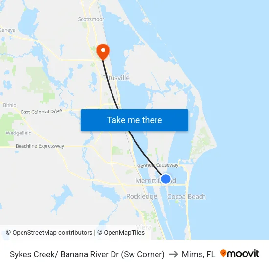 Sykes Creek/ Banana River Dr (Sw Corner) to Mims, FL map