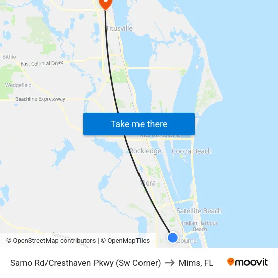 Sarno Rd/Cresthaven Pkwy (Sw Corner) to Mims, FL map