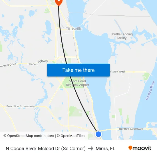 N Cocoa Blvd/ Mcleod Dr (Se Corner) to Mims, FL map