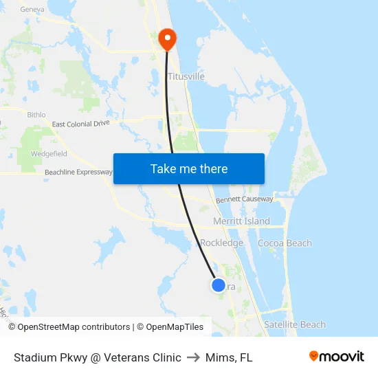 Stadium Pkwy @ Veterans Clinic to Mims, FL map