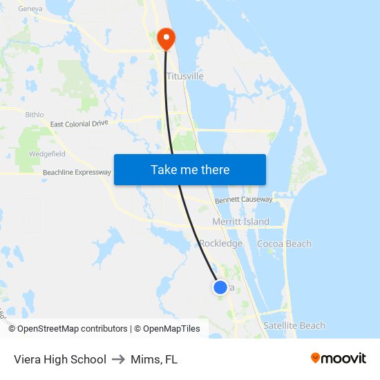 Viera High School to Mims, FL map