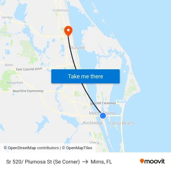 Sr 520/ Plumosa St (Se Corner) to Mims, FL map