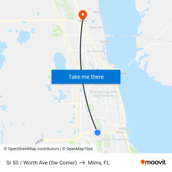 Sr 50 / Worth Ave (Sw Corner) to Mims, FL map