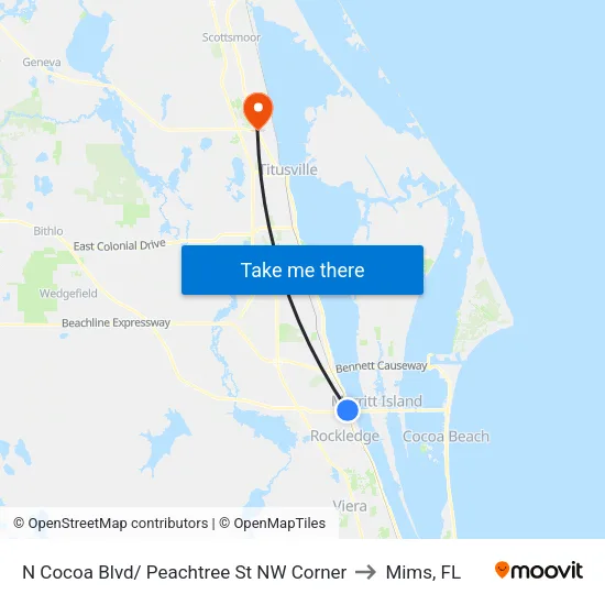 N Cocoa Blvd/ Peachtree St NW Corner to Mims, FL map