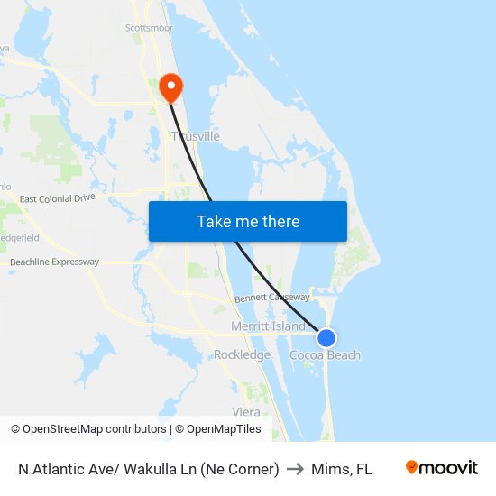 N Atlantic Ave/ Wakulla Ln (Ne Corner) to Mims, FL map