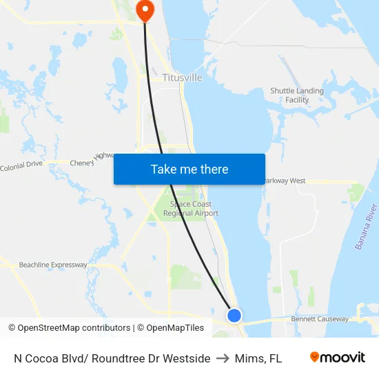 N Cocoa Blvd/ Roundtree Dr Westside to Mims, FL map