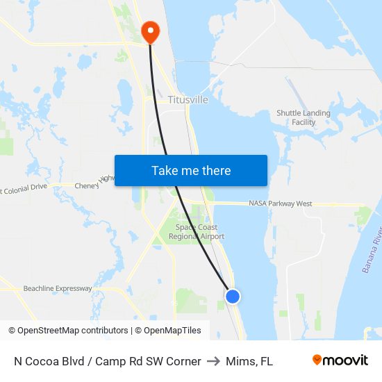 N Cocoa Blvd / Camp Rd SW Corner to Mims, FL map