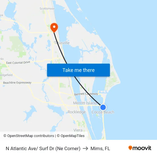 N Atlantic Ave/ Surf Dr (Ne Corner) to Mims, FL map