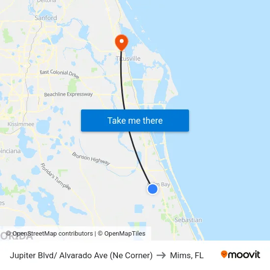Jupiter Blvd/ Alvarado Ave (Ne Corner) to Mims, FL map
