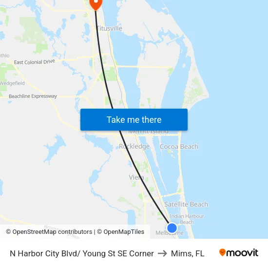 N Harbor City Blvd/ Young St SE Corner to Mims, FL map