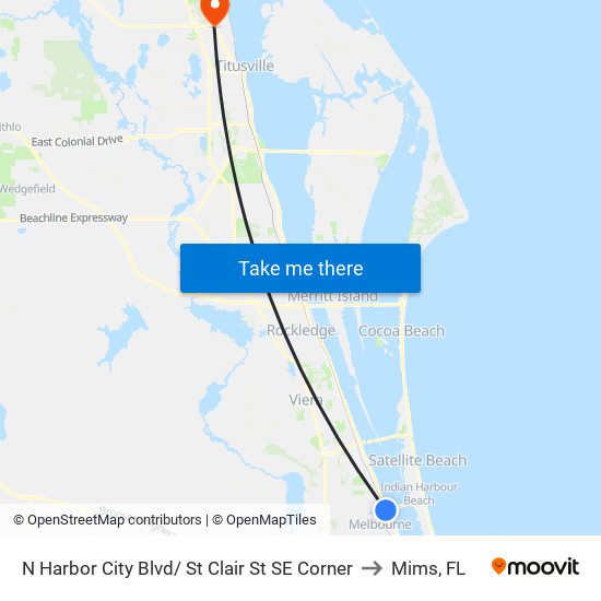 N Harbor City Blvd/ St Clair St SE Corner to Mims, FL map